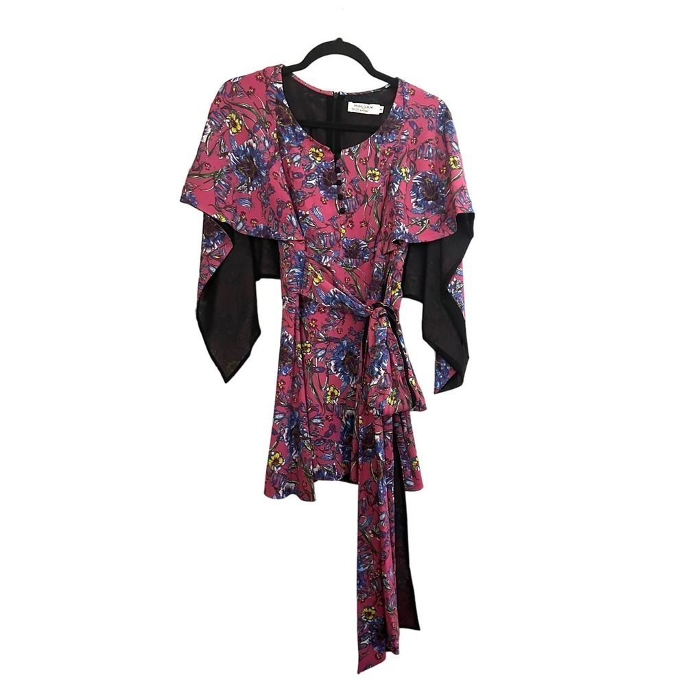 PRABAL GURUNG Collective Pink Floral Cape Waist-Tie Top - Sz 0 - Picture 3 of 6